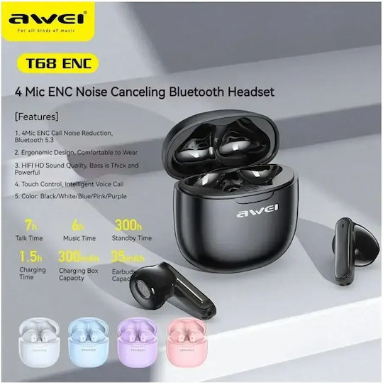 Awei T68 Earbud Bluetooth Handsfree Earphones with Charging Case White view 2