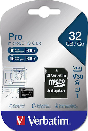 Verbatim Pro microSDHC 32GB U3 UHS-I 90MB/s Memory Card with Adapter view 3