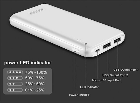 Jellico RM-100 Power Bank 10000mAh with 2 USB-A Ports White view 3