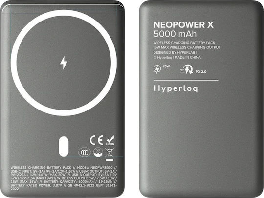Hyperloq NeoPower X MagSafe 5000mAh 15W with USB-A Port and USB-C Port Power Delivery Gray view 1