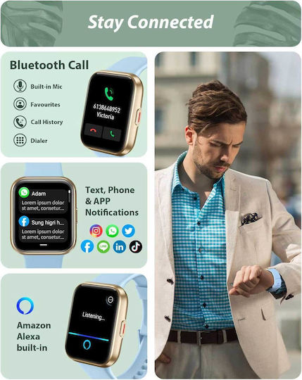 Tensky ID208 Plus Smartwatch with Heart Rate Monitor (Light Blue) view 2
