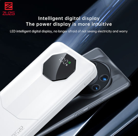 Zuzg C013 Power Bank 10000mah Fast Charging Built-in Cables & Digital Display White view 2