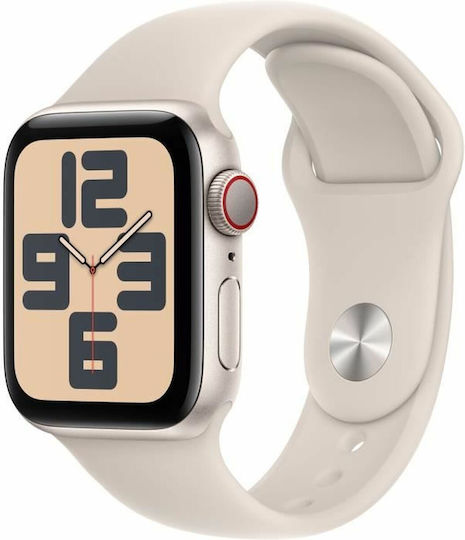Apple Watch SE 2023 Cellular Aluminium 40mm Waterproof with Heart Rate Monitor (Starlight with Starlight Sport Band (S/M)) view 1