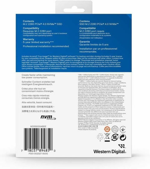 Western Digital SN5000 SSD 500GB M.2 Type with PCI Express 4.0 Connection WDS500G4B0E view 3