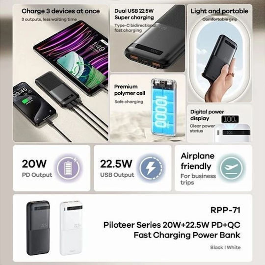 Remax RPP-71 Piloteer Series Power Bank 10000mAh 22.5W with 2 USB-A Ports and USB-C Port Power Delivery / Quick Charge 3.0 Black view 4