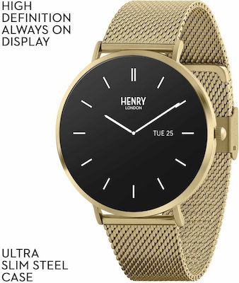 Henry London Smart Stainless Steel 43mm Smartwatch with Heart Rate Monitor (Gold & Gold Mesh) view 6