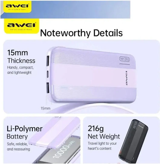 Awei P20K Power Bank 10000mAh with 2 USB-A Ports and USB-C Port White view 4