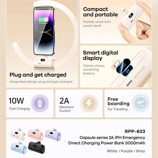 Remax Capsule Series RPP-633 Lightning Power Bank 5000mAh White view 2