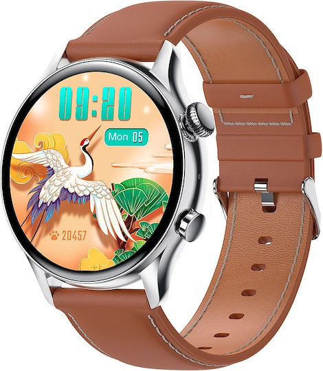 HK8 Pro Smartwatch with Heart Rate Monitor (Silver Case / Brown Leather Strap)