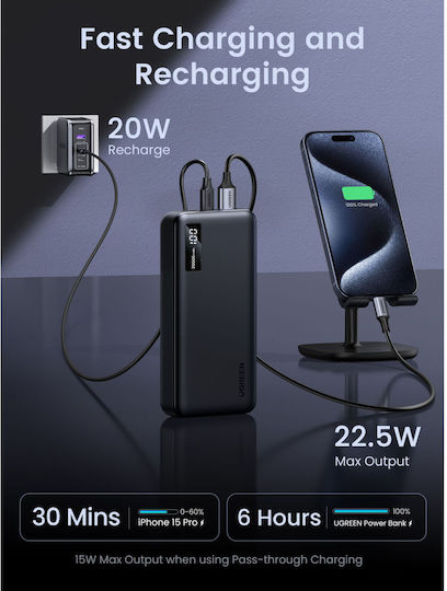 Ugreen PB312 Power Bank 20000mAh 20W with 2 USB-A Ports and USB-C Port Black vue 9