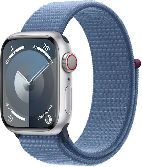 Apple Watch Series 9 Aluminium 45mm Waterproof with Heart Rate Monitor (Silver with Winter Blue Sport Loop)