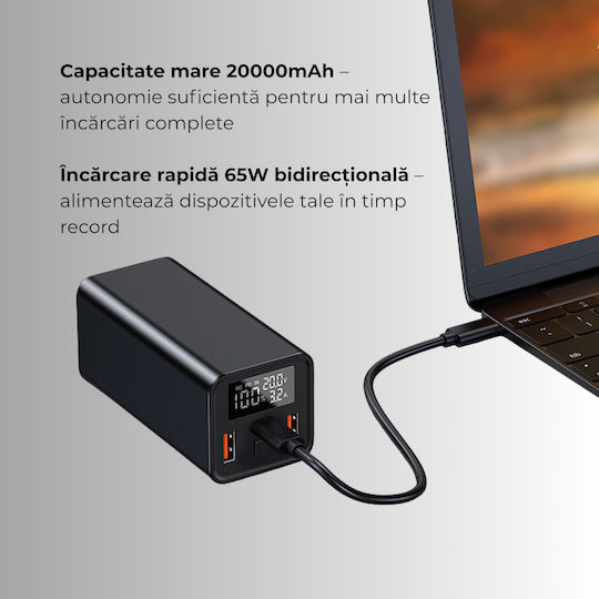 Voltres Power Bank 20000mAh 65W with 2 USB-A Ports and USB-C Port Power Delivery / Quick Charge 3.0 Black view 3