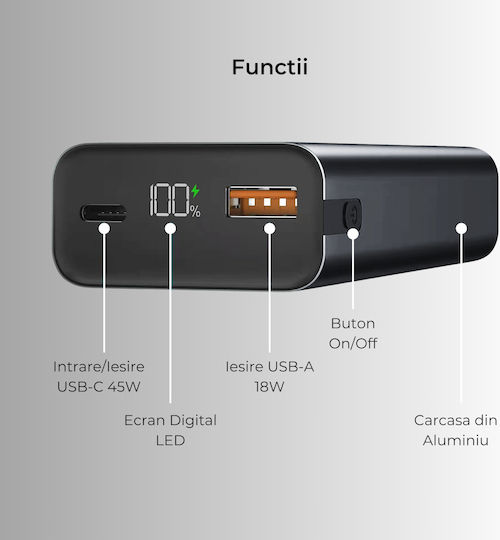 Voltres Power Bank 10000mAh 45W with USB-A Port and USB-C Port Quick Charge 3.0 Black view 2