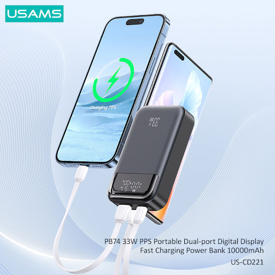 Usams CD221 Power Bank 10000mAh 33W with USB-A Port and USB-C Port Gray view 3