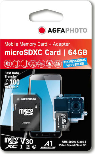 AgfaPhoto Professional microSDXC 64GB U3 V30 A1 High Speed 100MB/s with Adapter view 1
