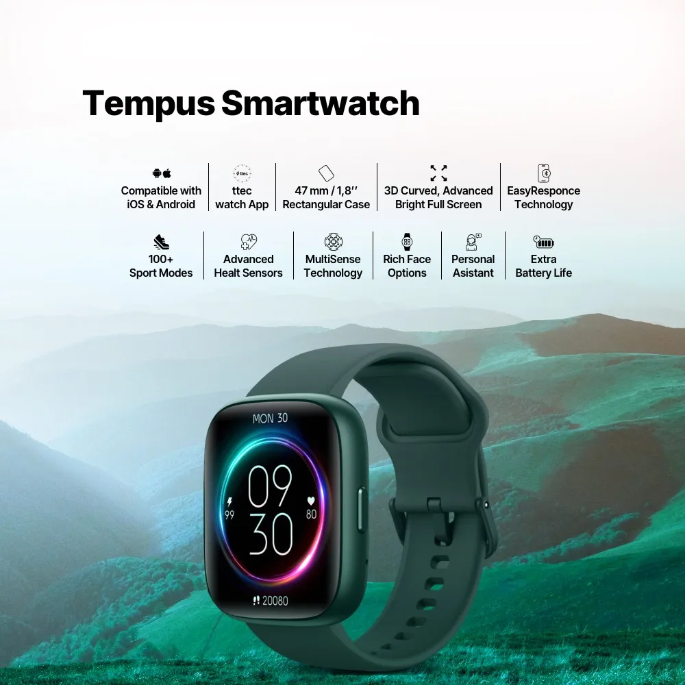 TTEC Tempus 47mm Smartwatch with Heart Rate Monitor Green view 5