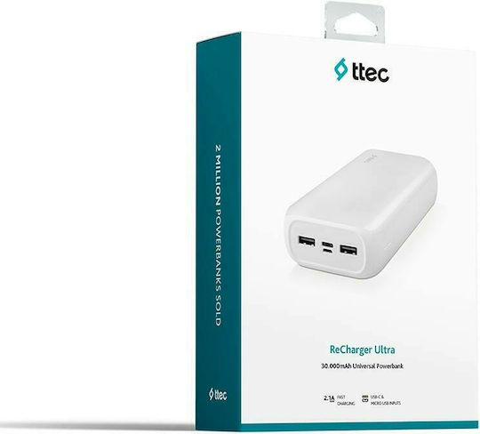 TTEC ReCharger Ultra Power Bank 30000mAh 10.5W with 2 USB-A Ports and USB-C Port White vue 2