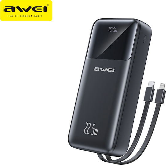 Awei P107K Power Bank 20000mAh with 2 USB-A Ports and USB-C Port Black