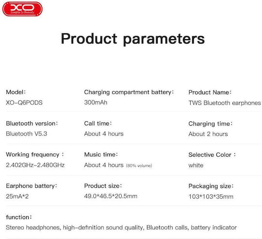 XO Q6 Pro Earbud Bluetooth Handsfree Earphones with Charging Case White view 3