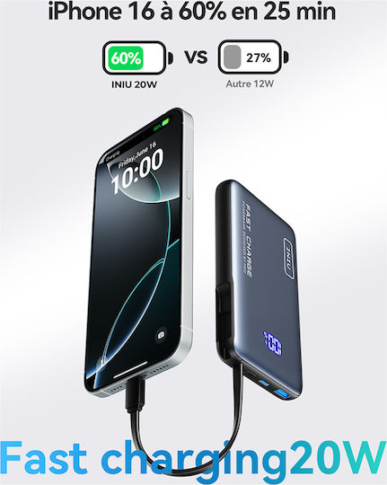 Iniu Power Bank 10000mAh 20W with USB-A Port and USB-C Port Black view 2