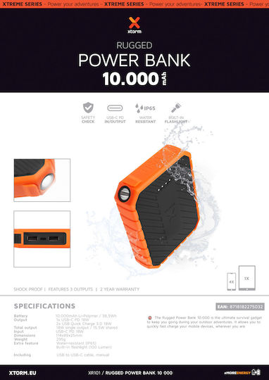 Xtorm Rugged Power Bank 10000mAh 18W with 2 USB-A Ports and USB-C Port Power Delivery / Quick Charge 3.0 Orange view 5
