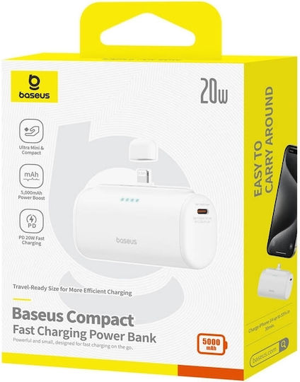 Baseus Compact Series Built-in Type-C Power Bank 5000mAh 20W with USB-C Port Power Delivery / Quick Charge 3.0 White view 6