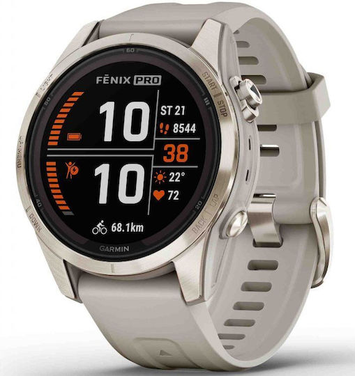 Garmin Fenix 7S Pro Solar Stainless Steel 42mm Waterproof Smartwatch with Heart Rate Monitor (Cream Gold SS With Gray Band) view 2