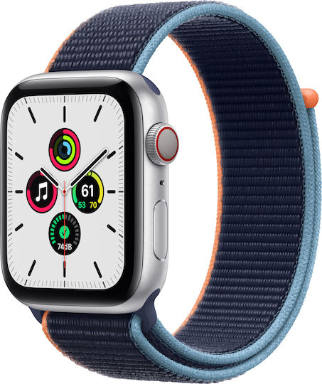 Apple Watch SE Cellular Aluminium 44mm Waterproof with eSIM and Heart Rate Monitor (Silver & Deep Navy Sport Loop)