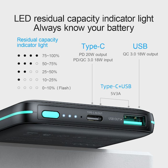 Joyroom Power Bank 10000mAh 15W with USB-A Port and USB-C Port Black view 3