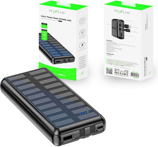 Rixus RXPB47 Solar Power Bank 20000mAh 10W with USB-A Port and USB-C Port Black vue 5