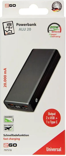 2GO Prime Power Bank 20000mAh 20W with 2 USB-A Ports and 2 USB-C Ports Black view 2