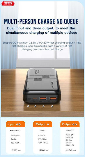 XO PR188 Power Bank 20000mAh 22.5W with 2 USB-A Ports and USB-C Port Power Delivery Black vue 5