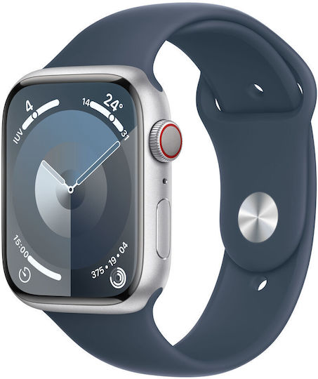 Apple Watch Series 9 Aluminium 45mm Waterproof with Heart Rate Monitor (Silver with Storm Blue Sport Band (S/M)) view 1