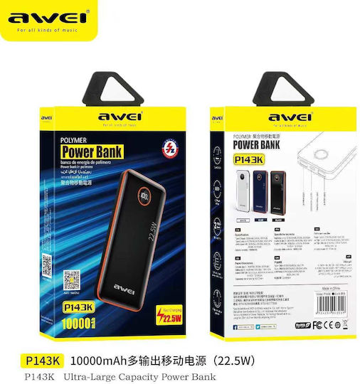 Awei P143K Power Bank 10000mAh 22.5W with 2 USB-A Ports Black