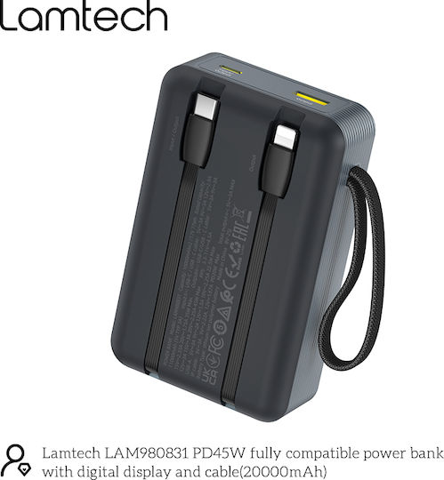 Lamtech Power Bank 20000mAh 45W With USB-A Output Port And USB-C Output Port Power Delivery Quick Charge 3.0 Black view 3
