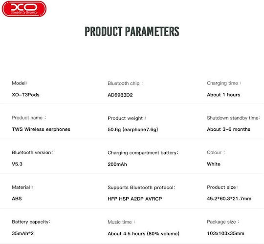 XO T3 In-ear Bluetooth Handsfree Earphones with Charging Case White view 7