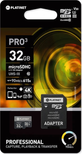 Platinet Pro3 microSDHC 32GB U3 V30 UHS-III 90MB/s With Adapter