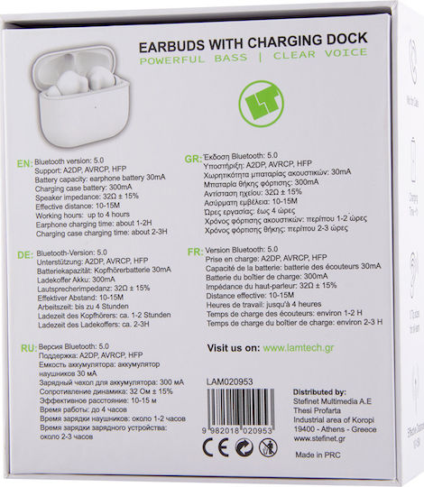 Lamtech LAM020953 Earbud Bluetooth Handsfree Earphones with Charging Case White view 3