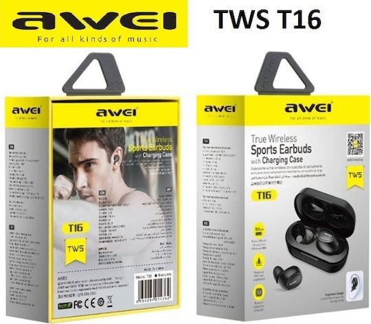 Awei T16 In-ear Bluetooth Handsfree Earphones with Sweat Resistance and Charging Case Black vue 5