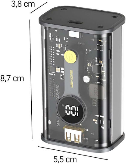 WK Power Bank 10000mAh 20W with USB-A Port and USB-C Port Power Delivery Transparent view 3