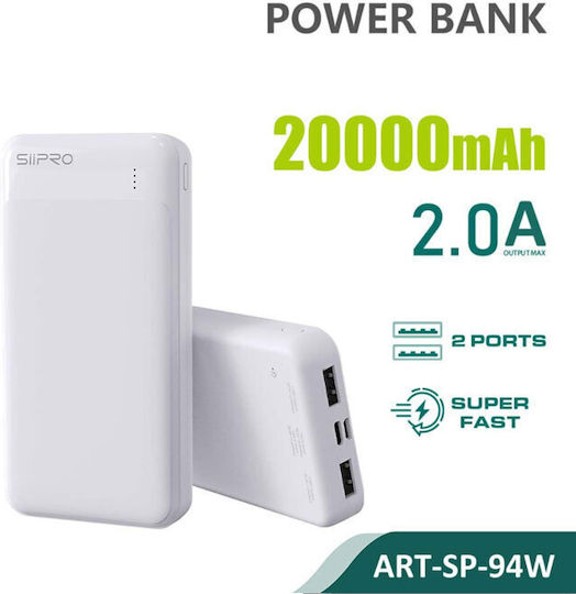 SiiPro SP-94W Power Bank 20000mAh with 2 USB-A Ports White