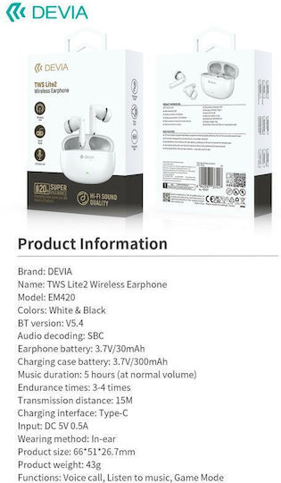 Devia EM420 Lite2 In-ear Bluetooth Handsfree Earphones with Charging Case White view 5