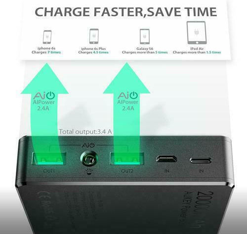 Aukey PB-N36 Power Bank 20000mAh with 2 USB-A Ports Black view 3