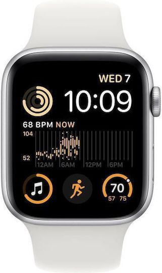 Apple Watch SE 2022 Cellular Aluminium 44mm Waterproof with eSIM and Heart Rate Monitor (Silver with White Sport Band) view 1