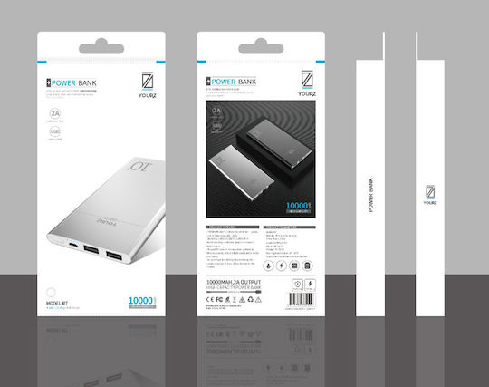 YOURZ Yourz R7 Power Bank 10000mAh with 2 USB-A Ports Silver view 2