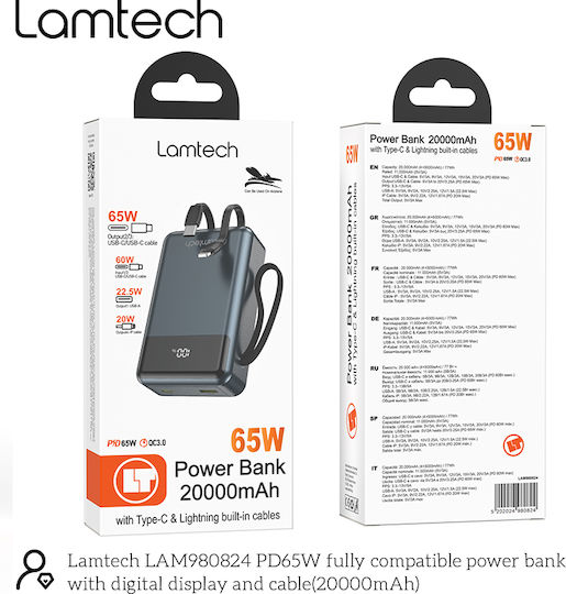 Lamtech Power Bank 20000mAh 65W With USB-A Output Port And USB-C Output Port Power Delivery Quick Charge 3.0 Black view 8