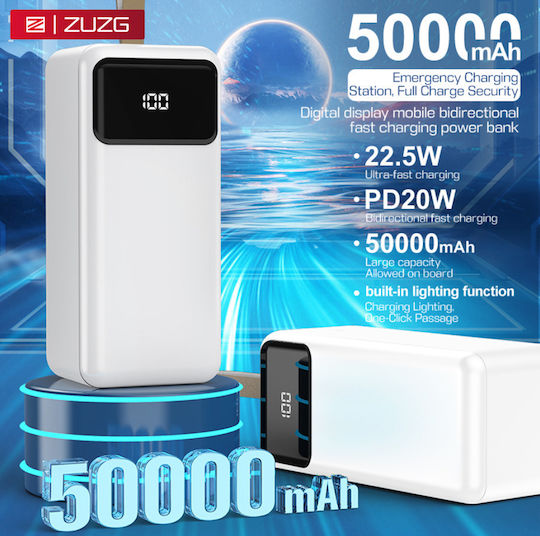ZUZG ZP-J32 Power Bank 50000mAh 20W with 2 USB-A Output Ports and 2 USB-C Output Ports Power Delivery White view 4