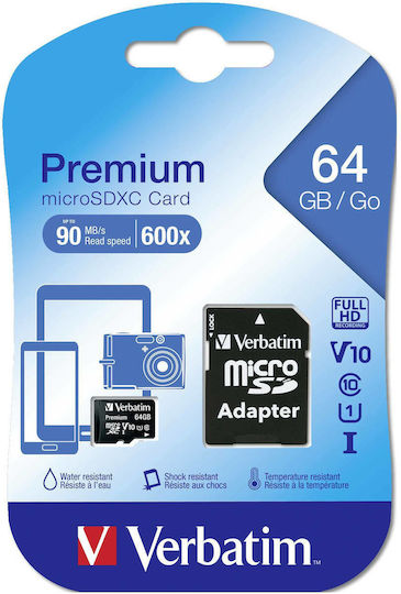 Verbatim Premium microSDXC 64GB U1 V10 A1 UHS-I 90MB/s with Adapter view 3