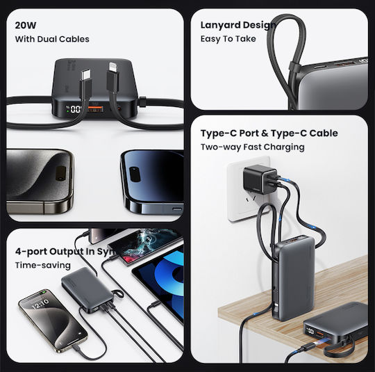 Usams XR Series CD228 Power Bank 10000mAh 20W with USB-A Port and USB-C Port Gray view 4