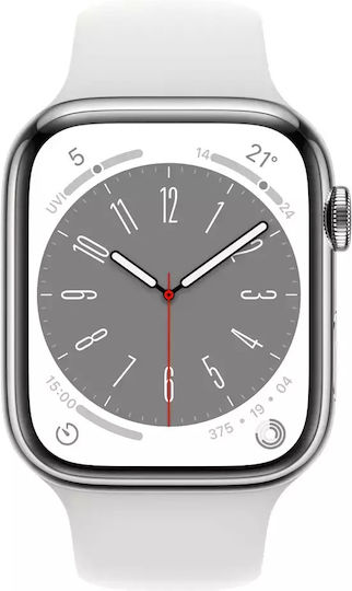 Apple Watch Series 8 Cellular Stainless Steel 45mm Waterproof with eSIM and Heart Rate Monitor (Silver with White Sport Band) view 2